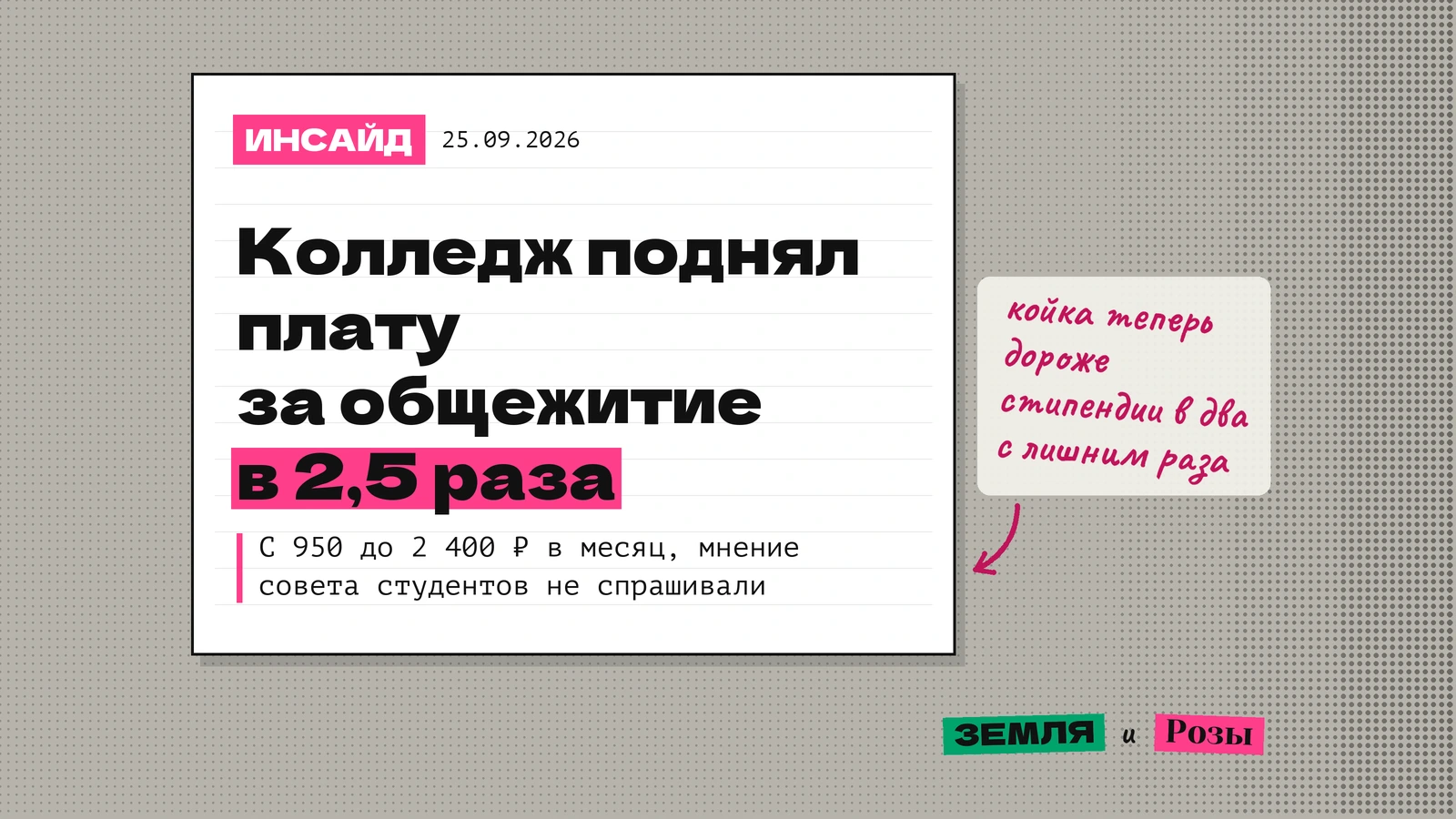Обложка тестового инсайда: колледж поднял плату за общежитие в 2,5 раза, с 950 до 2 400 рублей, без мнения совета студентов